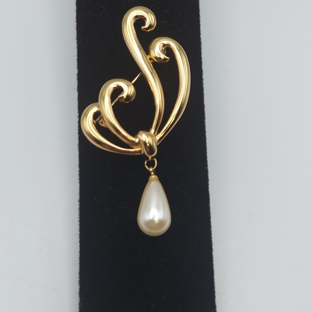 Napier Gold Swirl Brooch with Pearl Drop